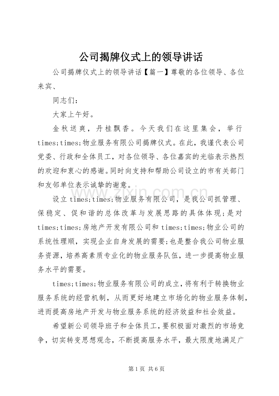 公司揭牌仪式上的领导讲话.docx_第1页