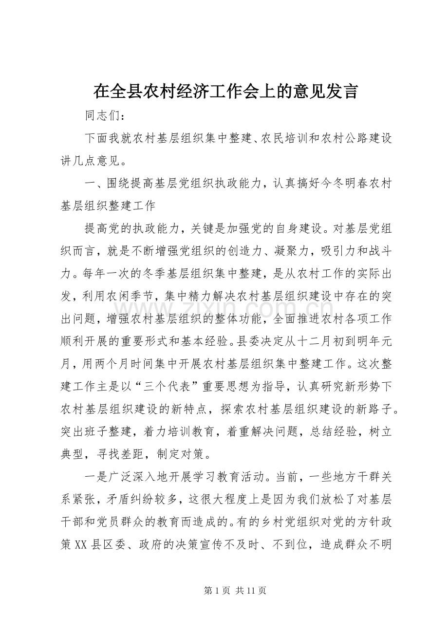 在全县农村经济工作会上的意见发言.docx_第1页