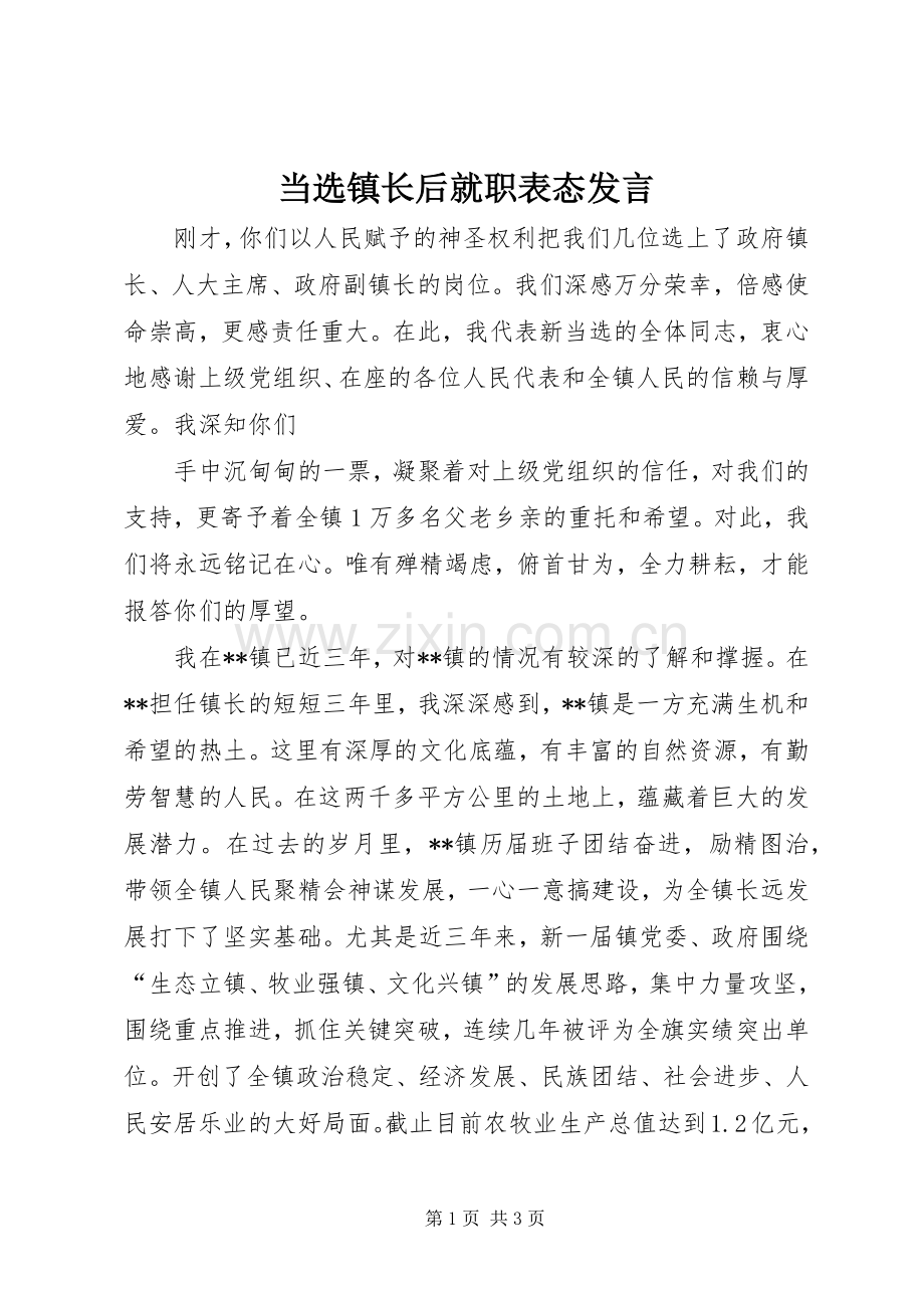 当选镇长后就职表态发言.docx_第1页