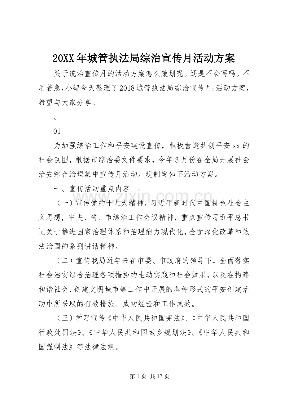 XX年城管执法局综治宣传月活动实施方案.docx_第1页