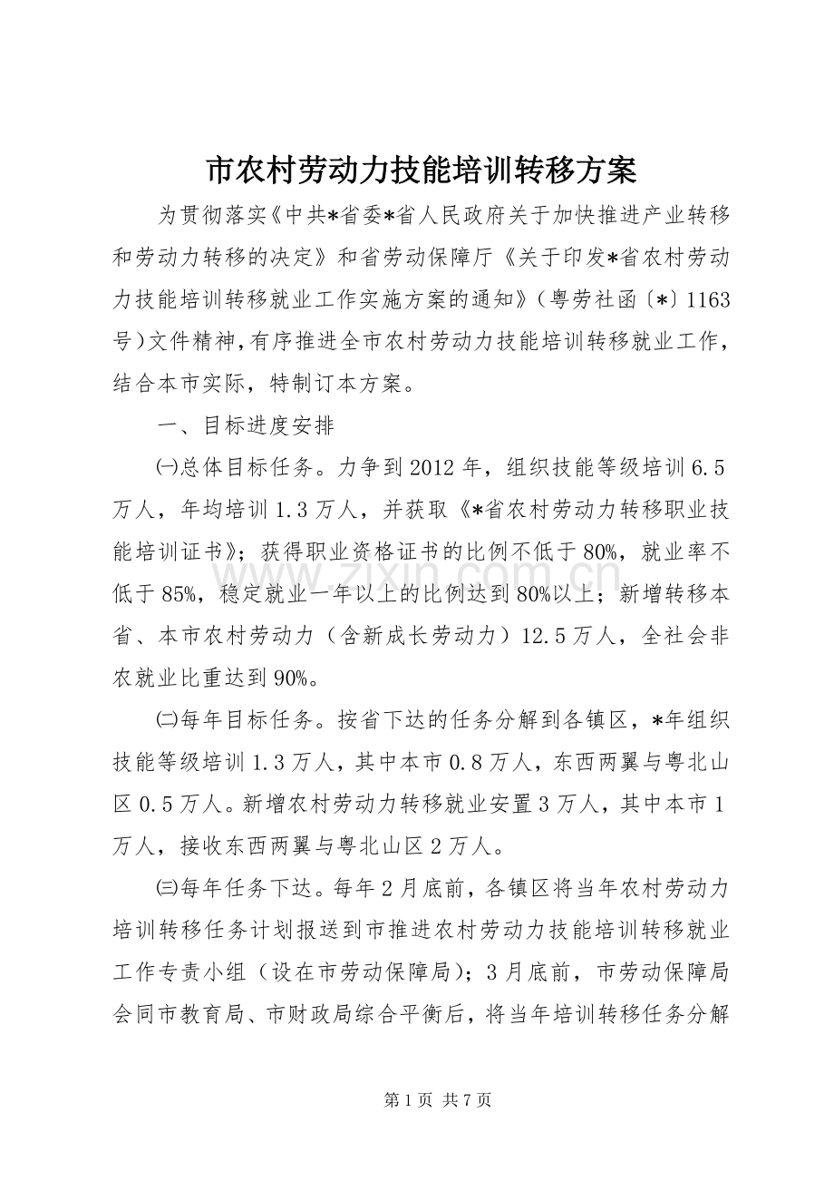 市农村劳动力技能培训转移实施方案.docx_第1页