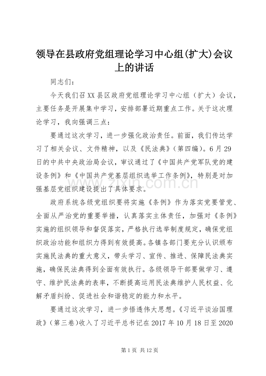 领导在县政府党组理论学习中心组(扩大)会议上的讲话.docx_第1页