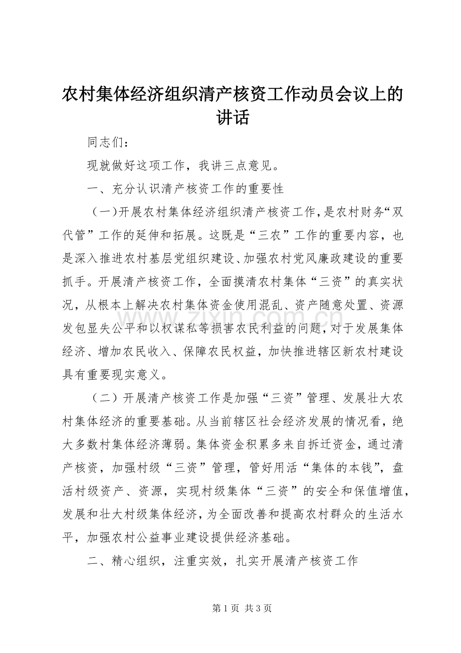 农村集体经济组织清产核资工作动员会议上的讲话.docx_第1页