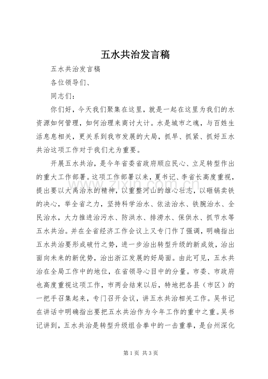 五水共治发言稿.docx_第1页