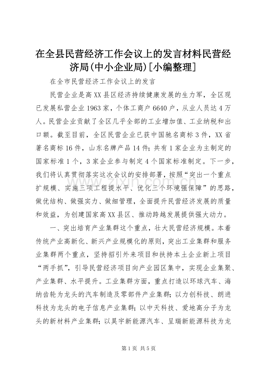 在全县民营经济工作会议上的发言材料致辞民营经济局(中小企业局)[小编整理].docx_第1页