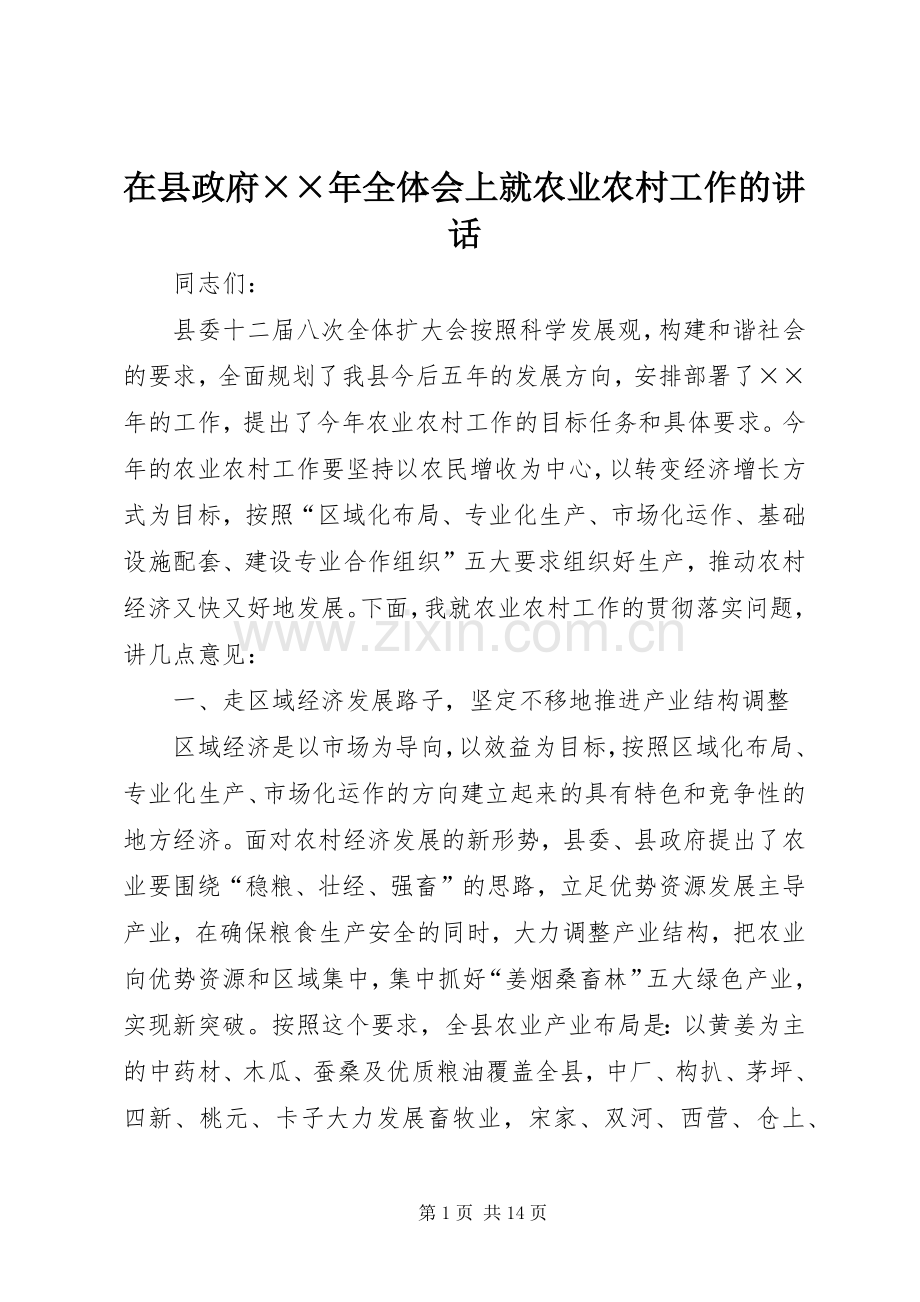 在县政府××年全体会上就农业农村工作的讲话.docx_第1页