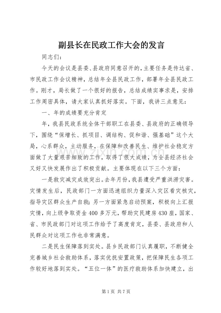 副县长在民政工作大会的发言.docx_第1页