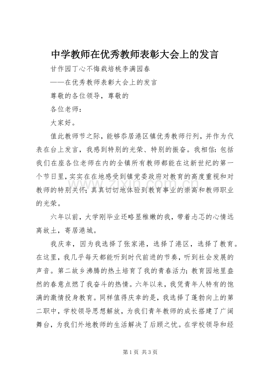 中学教师在优秀教师表彰大会上的发言稿.docx_第1页