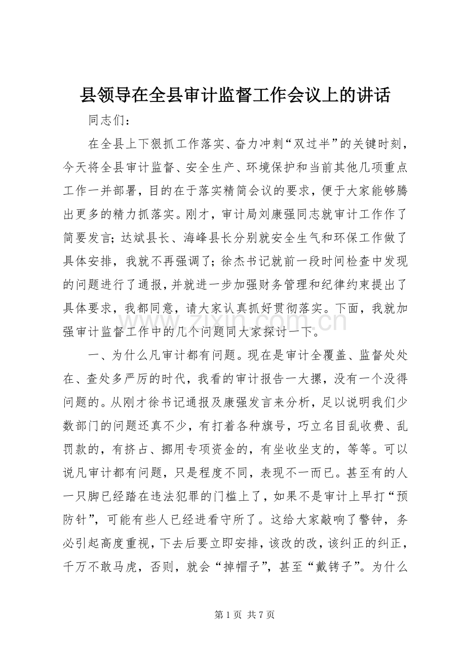 县领导在全县审计监督工作会议上的讲话.docx_第1页