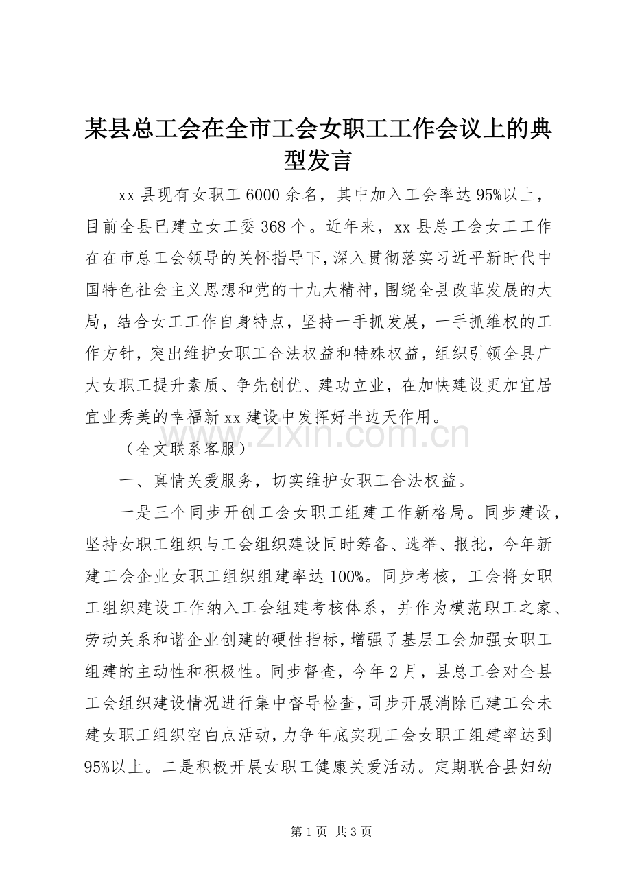 某县总工会在全市工会女职工工作会议上的典型发言.docx_第1页