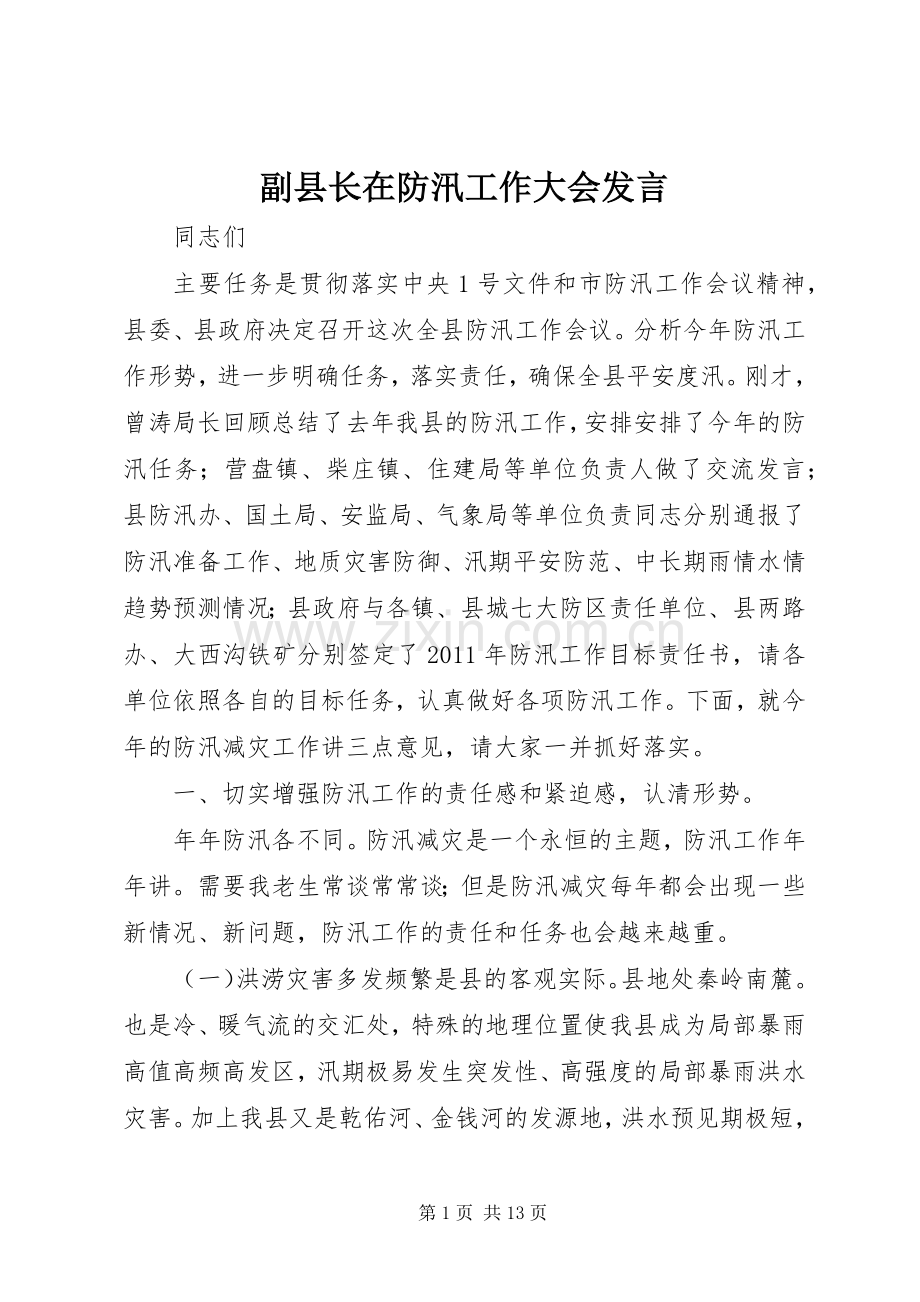 副县长在防汛工作大会发言.docx_第1页