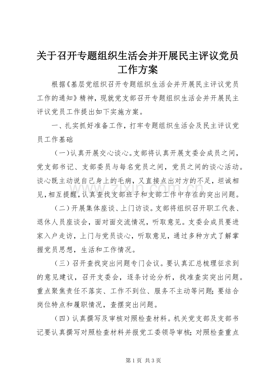 关于召开专题组织生活会并开展民主评议党员工作实施方案.docx_第1页