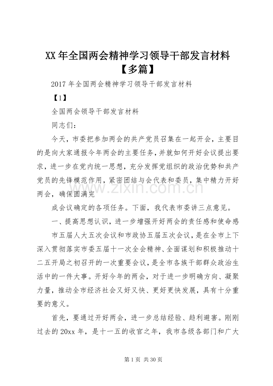 XX年全国两会精神学习领导干部发言材料提纲【多篇】.docx_第1页