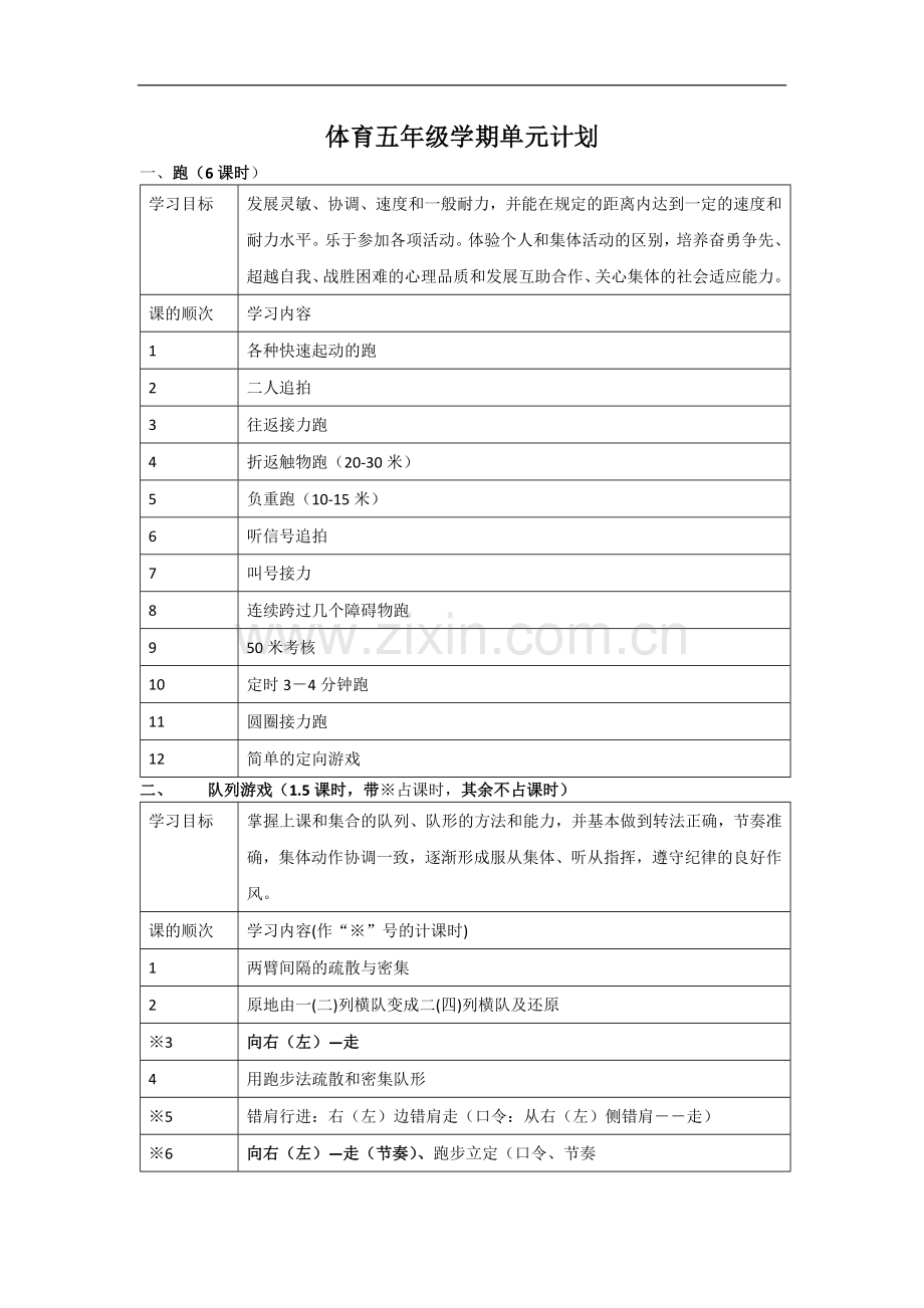 小学体育五年级学期单元计划.doc_第1页