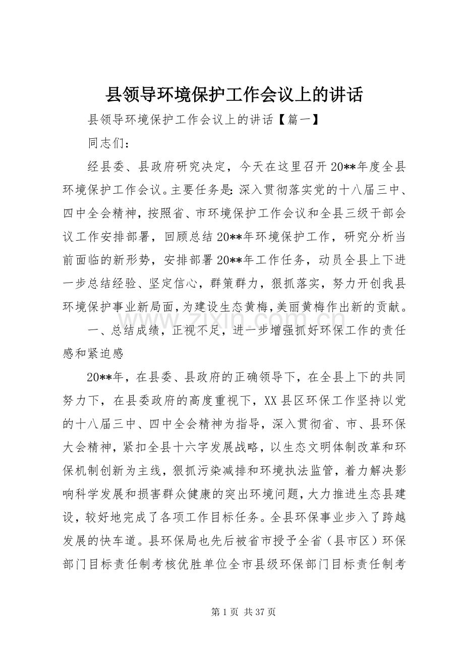 县领导环境保护工作会议上的讲话.docx_第1页