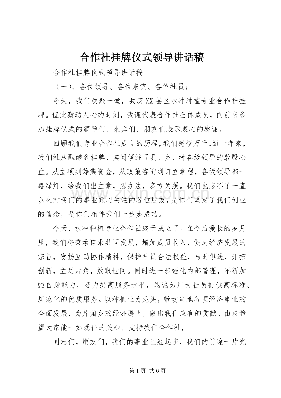 合作社挂牌仪式领导讲话稿.docx_第1页