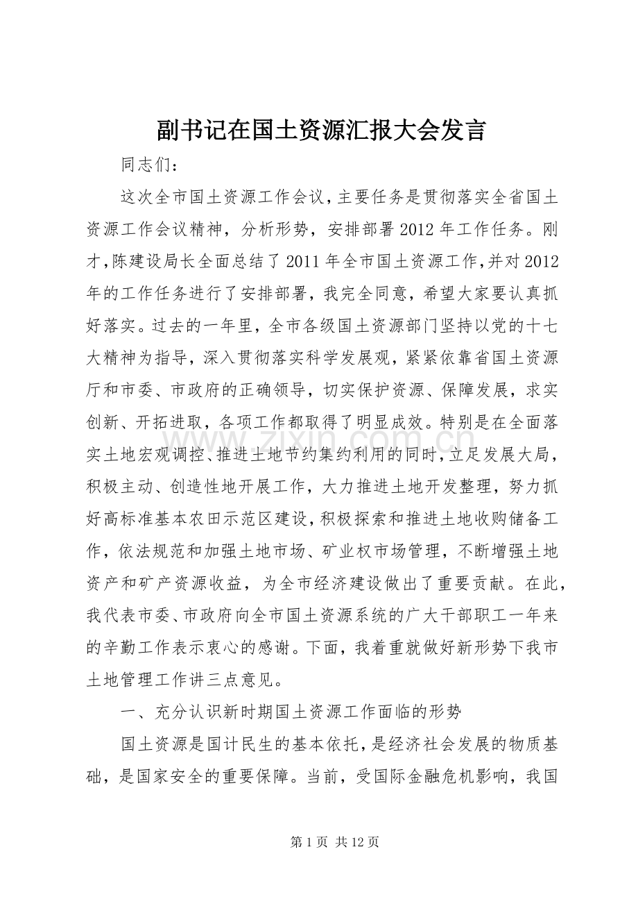 副书记在国土资源汇报大会发言.docx_第1页