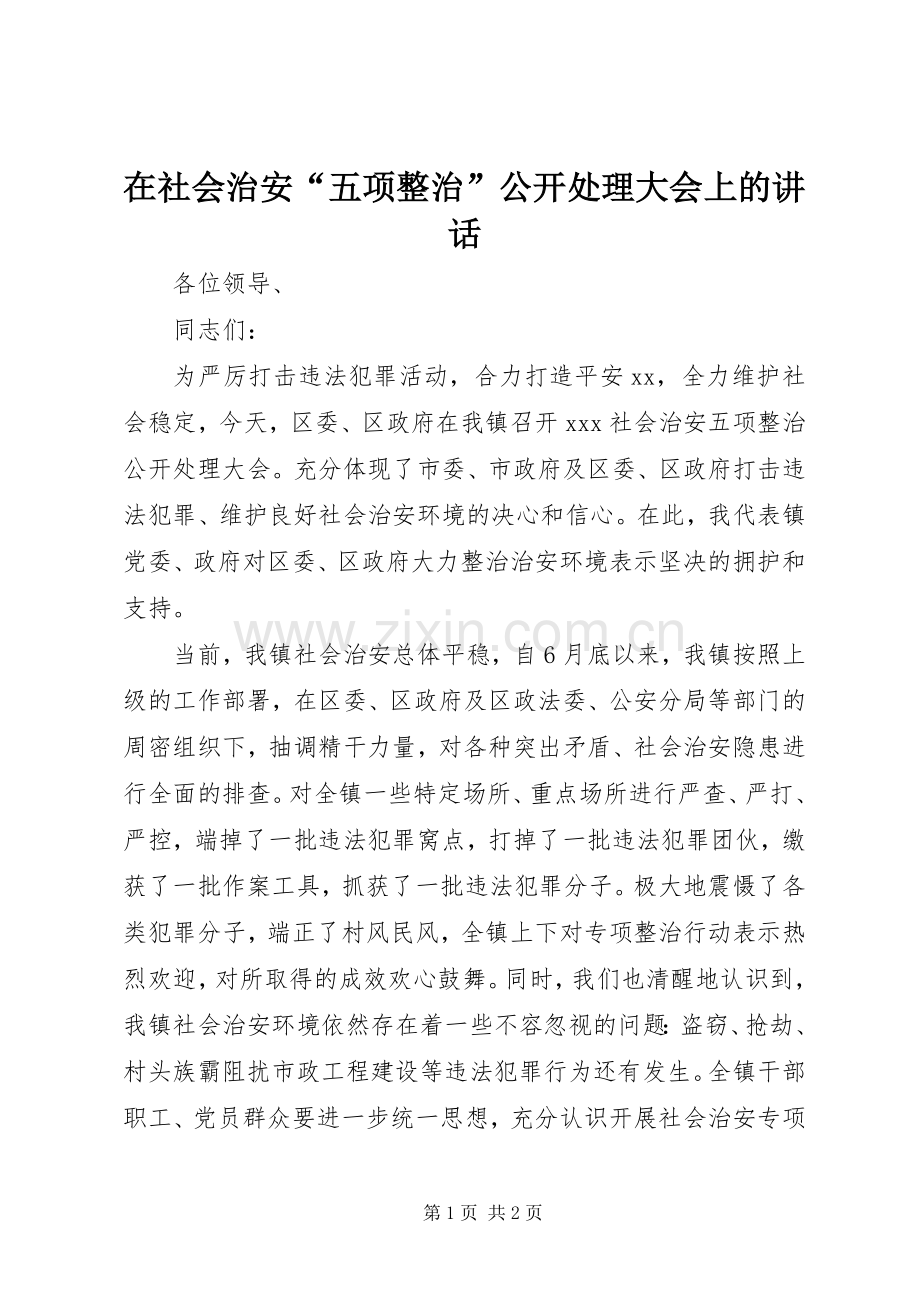 在社会治安“五项整治”公开处理大会上的讲话.docx_第1页