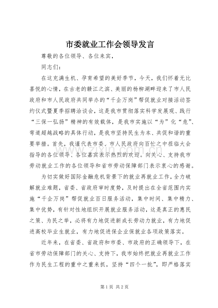 市委就业工作会领导发言.docx_第1页