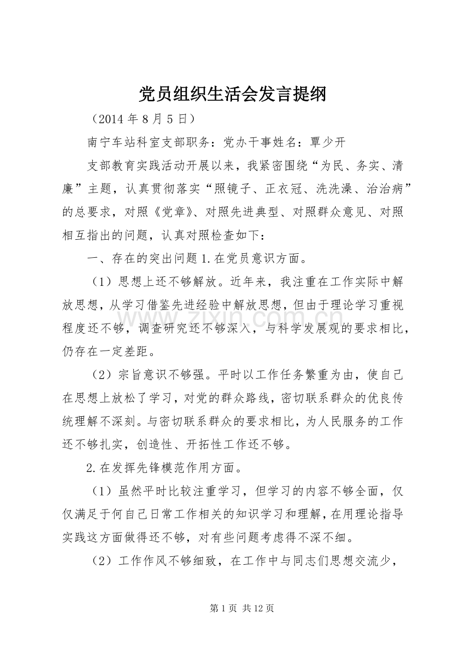 党员组织生活会发言提纲材料(9).docx_第1页