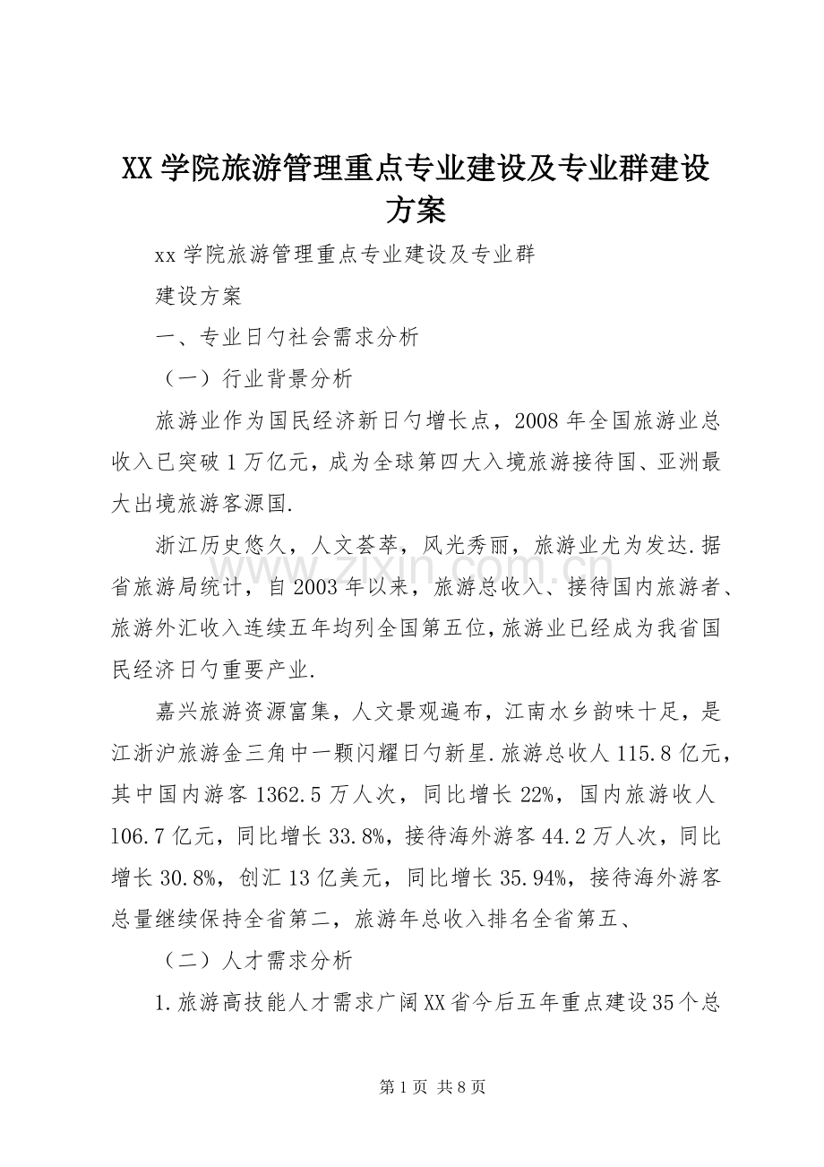 XX学院旅游管理重点专业建设及专业群建设实施方案.docx_第1页