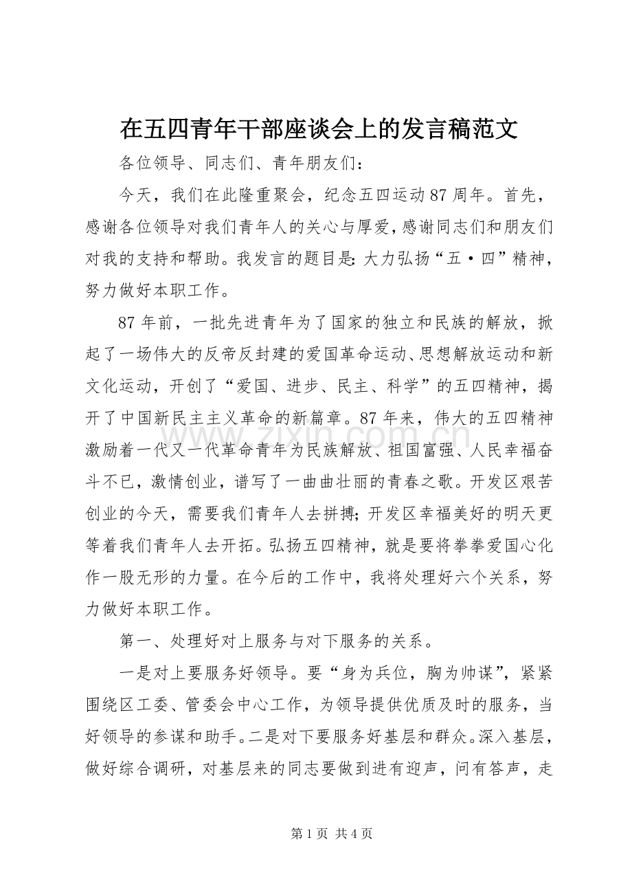 在五四青年干部座谈会上的发言范文.docx_第1页