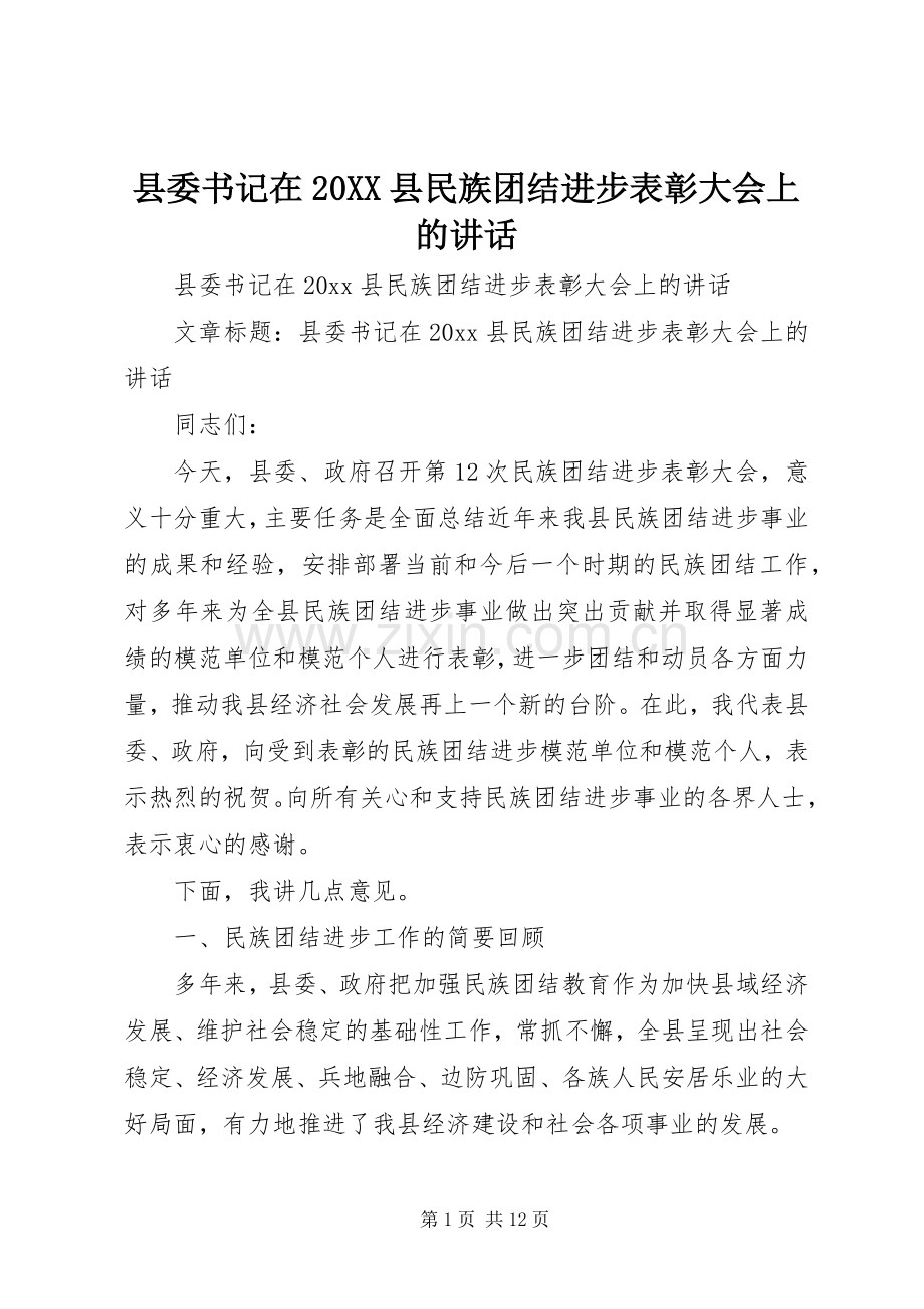 县委书记在20XX县民族团结进步表彰大会上的讲话.docx_第1页