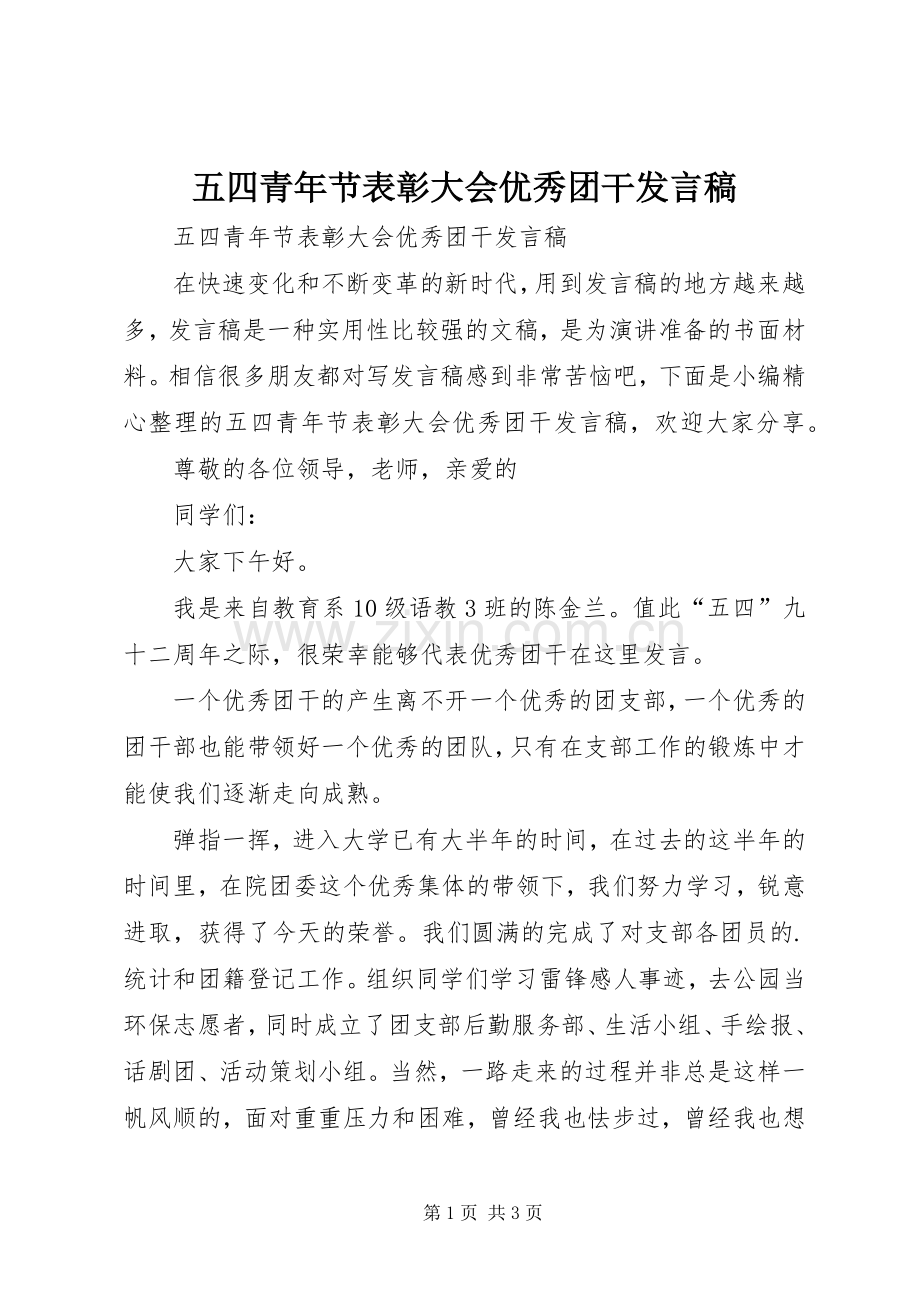 五四青年节表彰大会优秀团干发言稿.docx_第1页