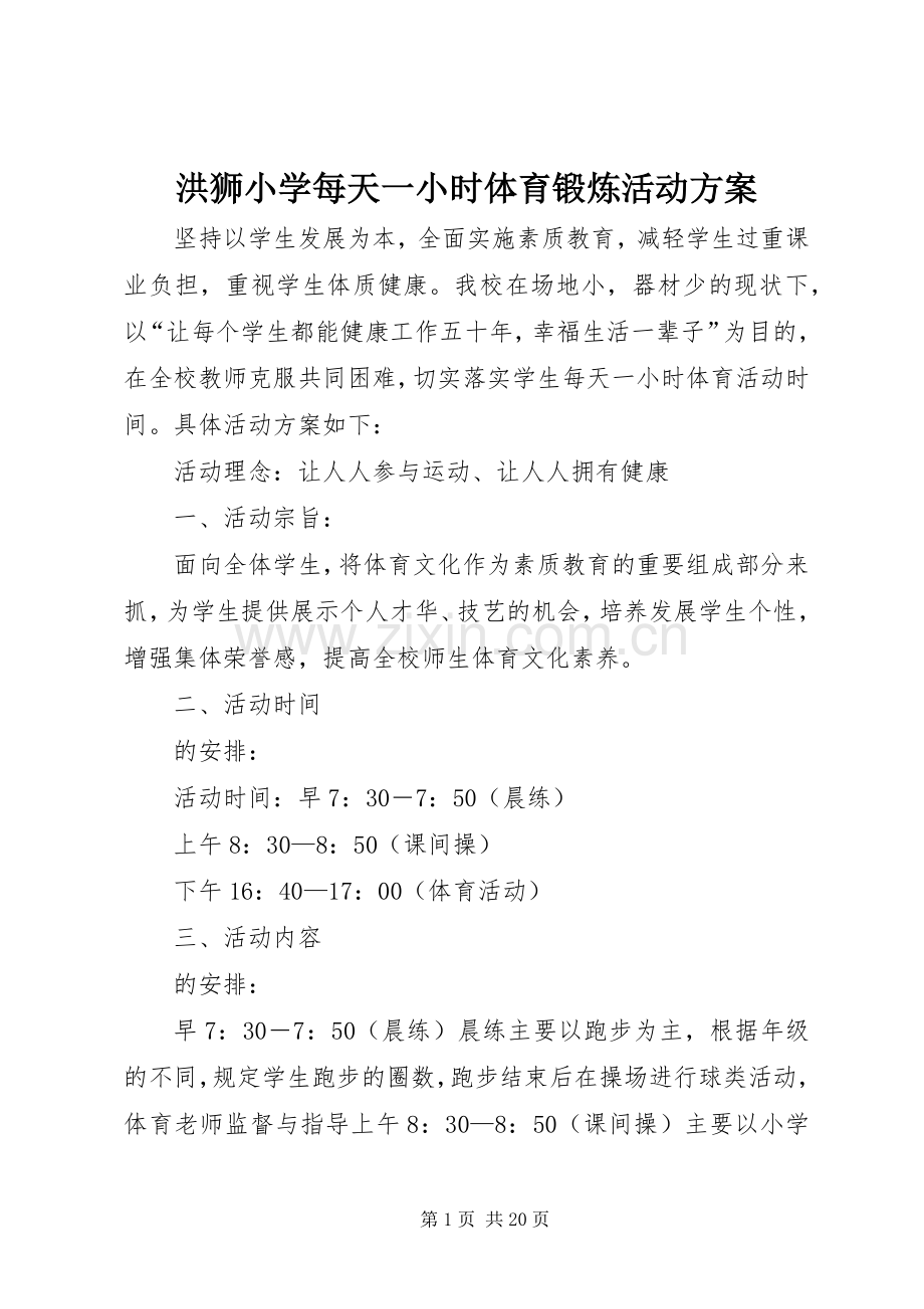 洪狮小学每天一小时体育锻炼活动实施方案.docx_第1页