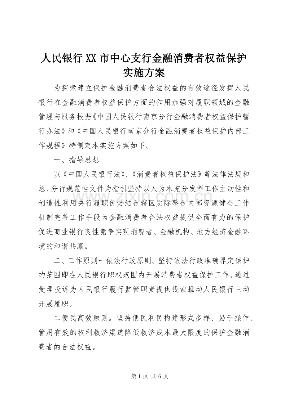 人民银行XX市中心支行金融消费者权益保护方案.docx_第1页