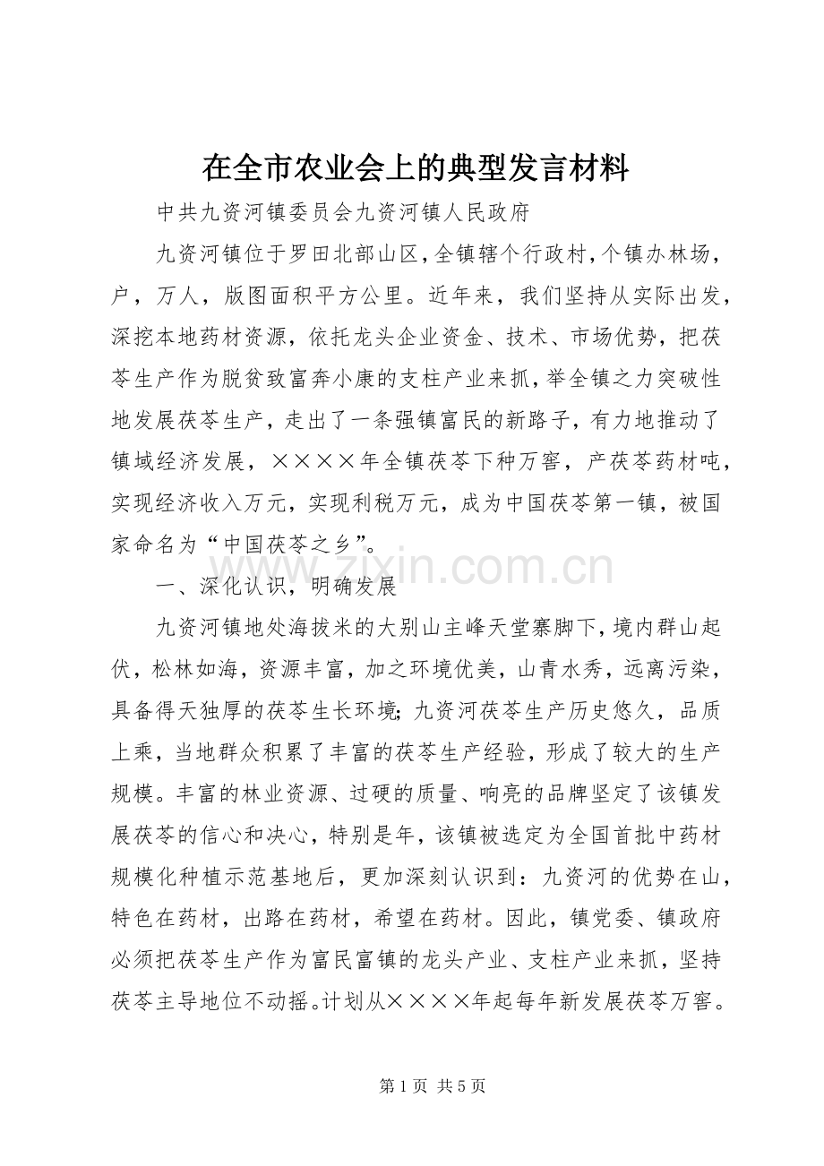 在全市农业会上的典型发言材料提纲范文.docx_第1页