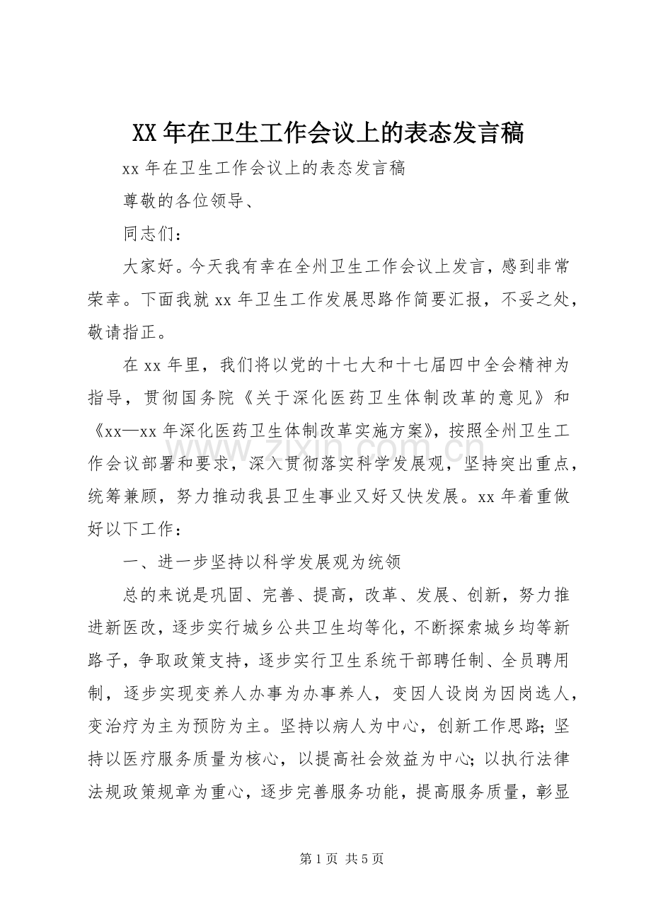 XX年在卫生工作会议上的表态发言.docx_第1页