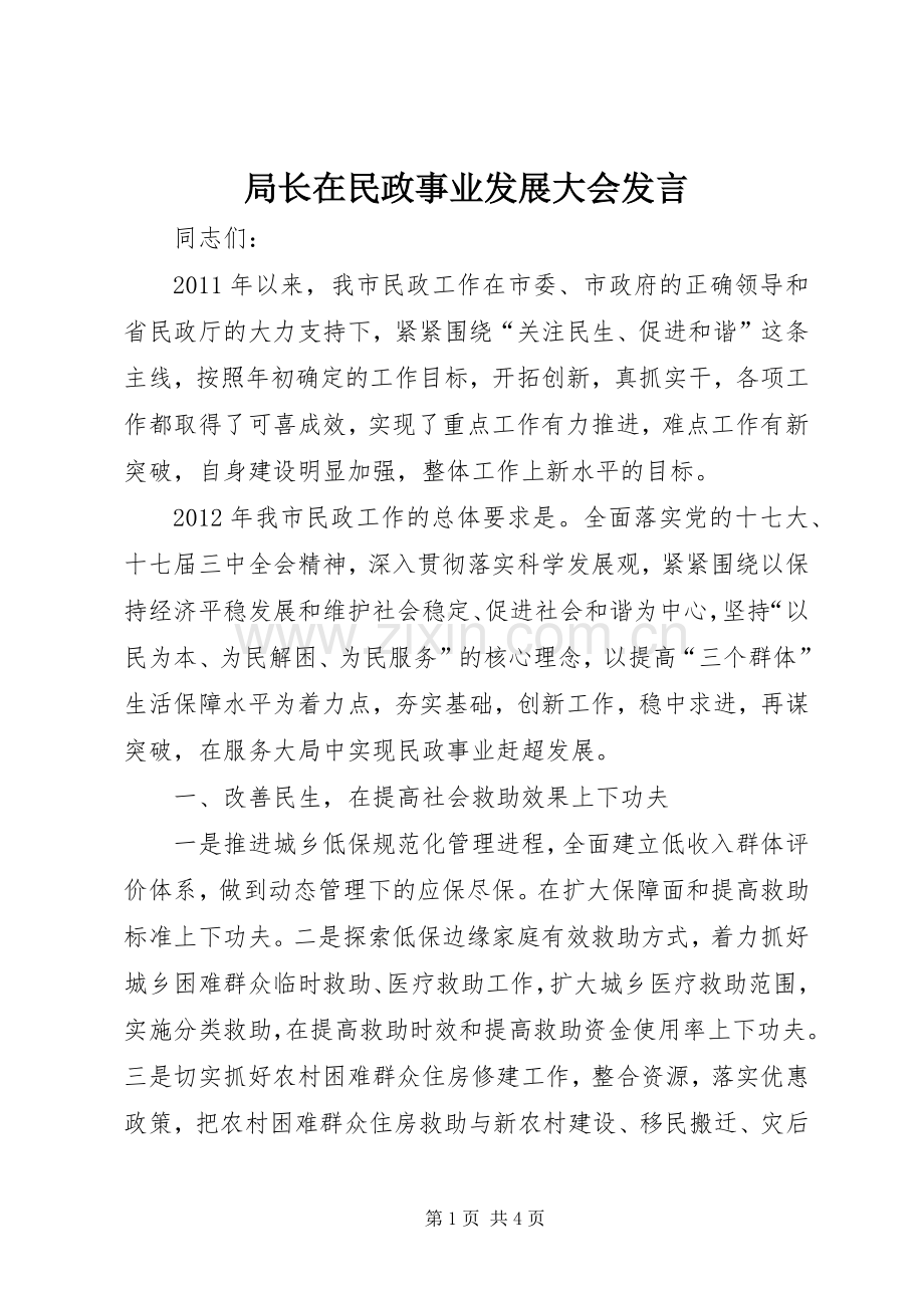 局长在民政事业发展大会发言稿.docx_第1页