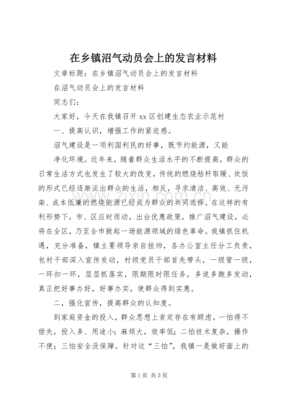 在乡镇沼气动员会上的发言材料提纲.docx_第1页