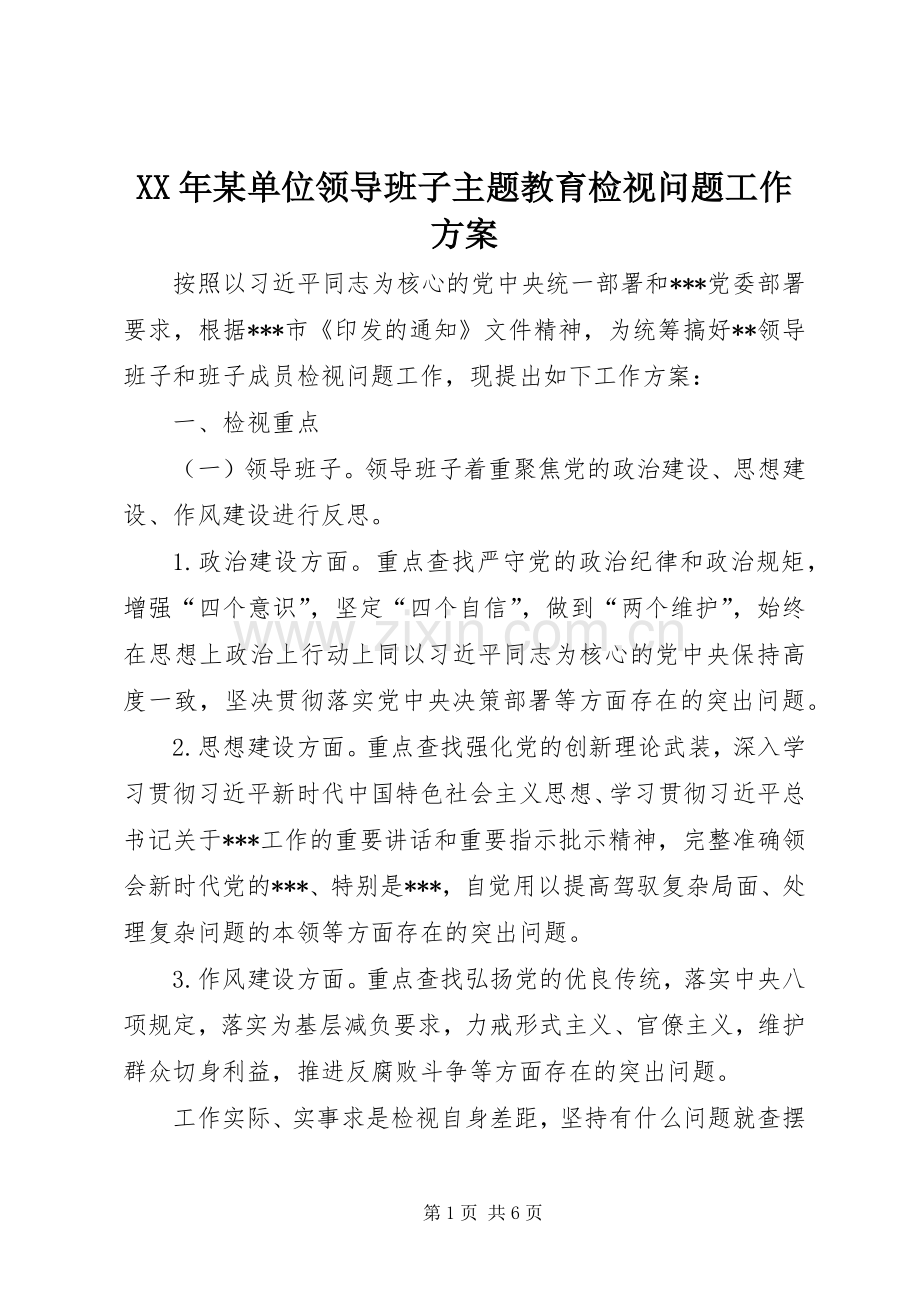 XX年某单位领导班子主题教育检视问题工作实施方案.docx_第1页