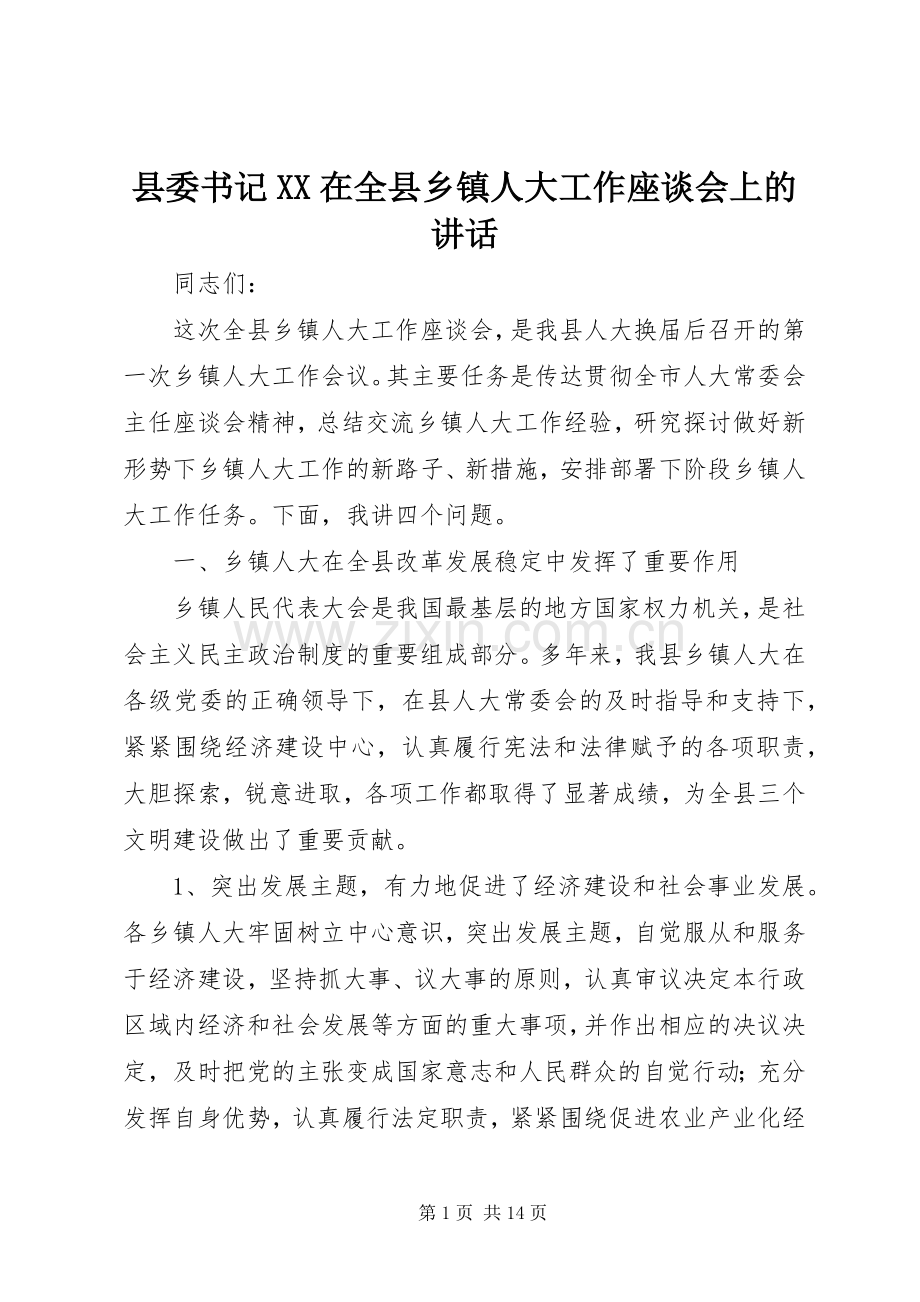 县委书记XX在全县乡镇人大工作座谈会上的讲话.docx_第1页