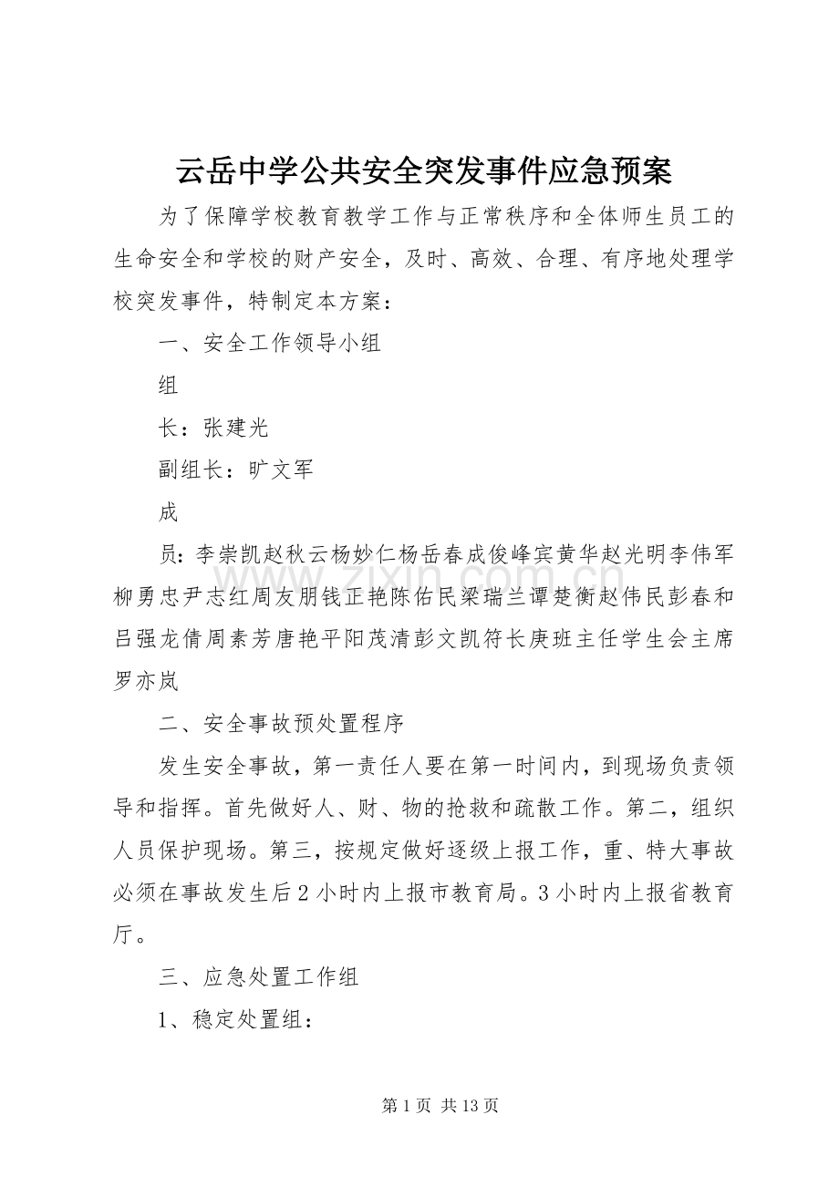 云岳中学公共安全突发事件应急处置预案.docx_第1页