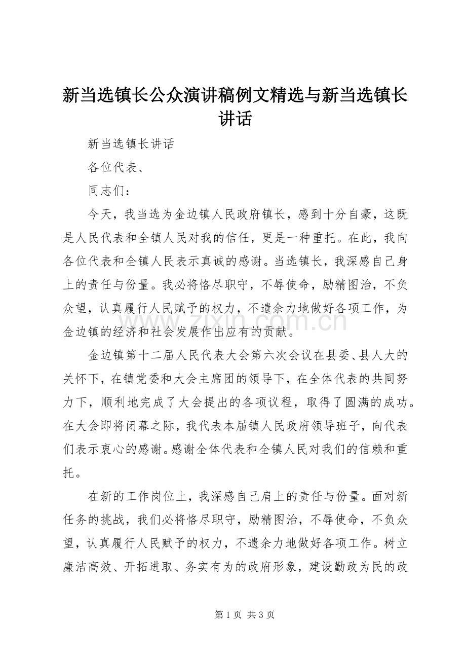 新当选镇长公众演讲稿例文与新当选镇长讲话.docx_第1页