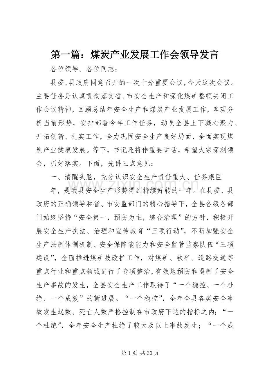 第一篇：煤炭产业发展工作会领导发言稿.docx_第1页