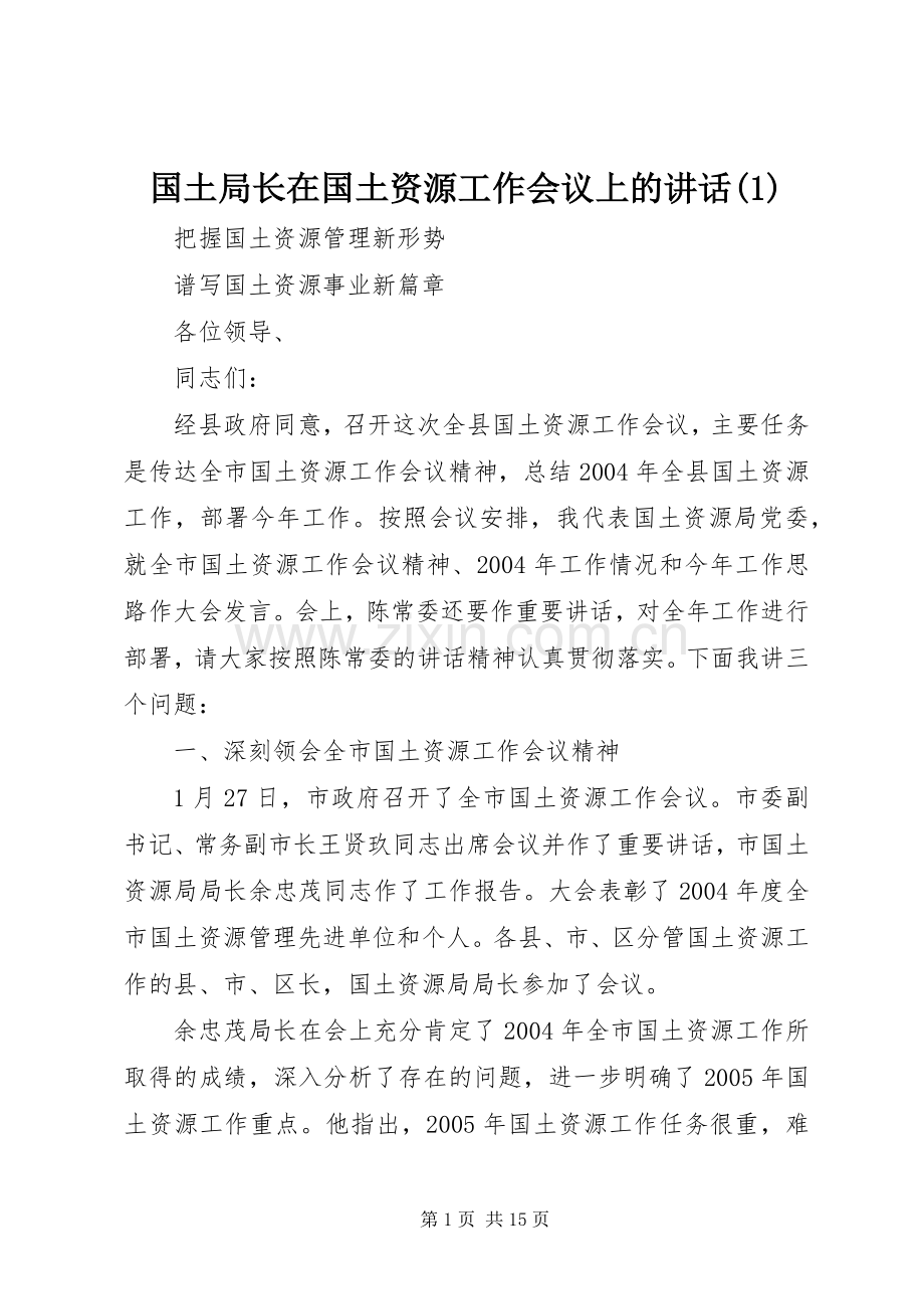 国土局长在国土资源工作会议上的讲话(1).docx_第1页