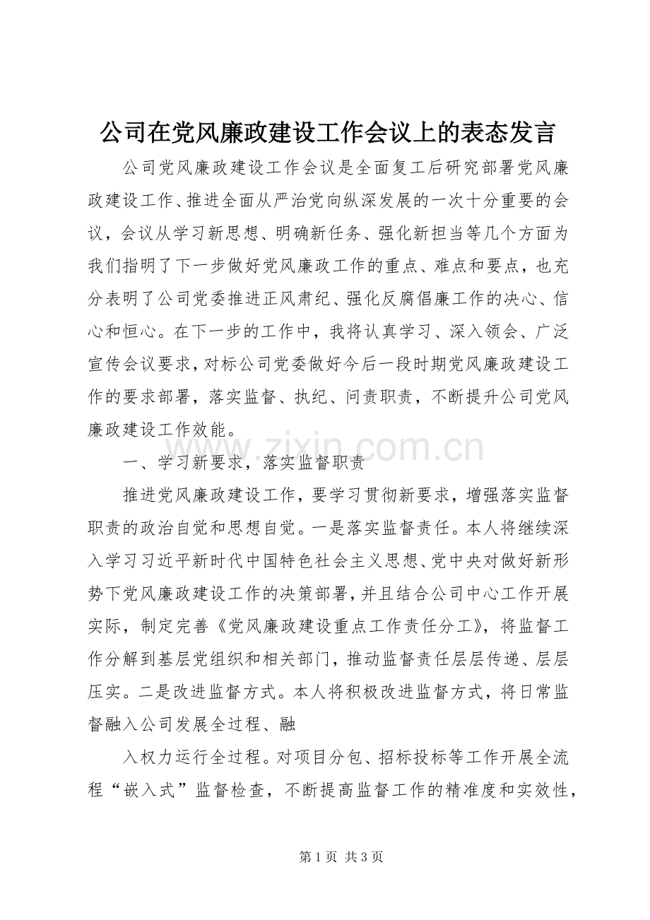 公司在党风廉政建设工作会议上的表态发言稿.docx_第1页