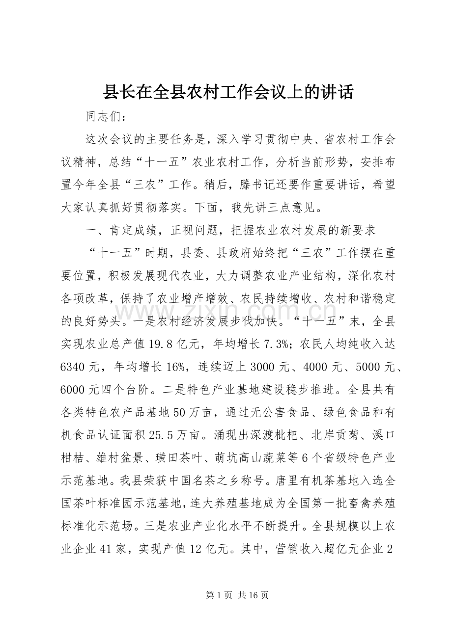 县长在全县农村工作会议上的讲话_2.docx_第1页