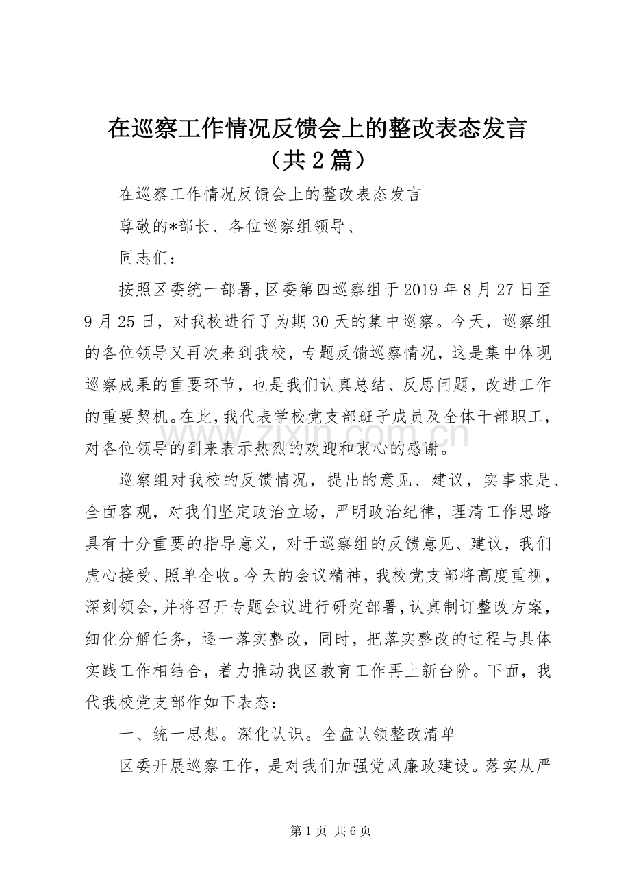 在巡察工作情况反馈会上的整改表态发言（共2篇）.docx_第1页