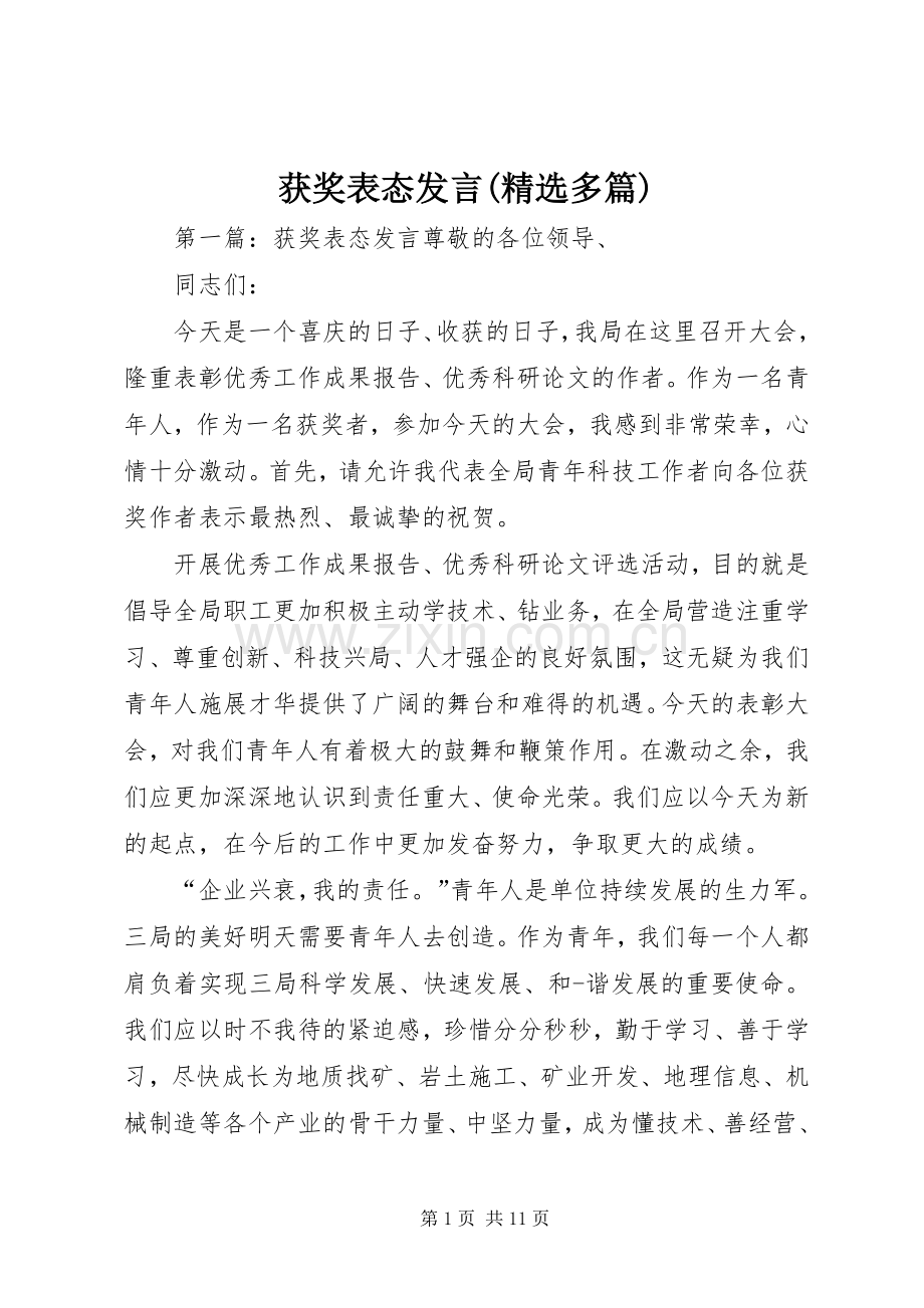 获奖表态发言稿(多篇).docx_第1页