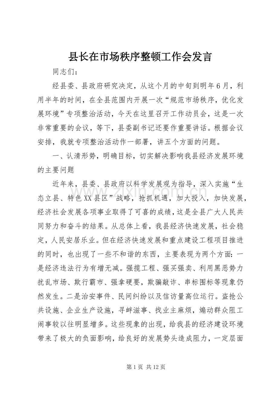 县长在市场秩序整顿工作会发言稿.docx_第1页