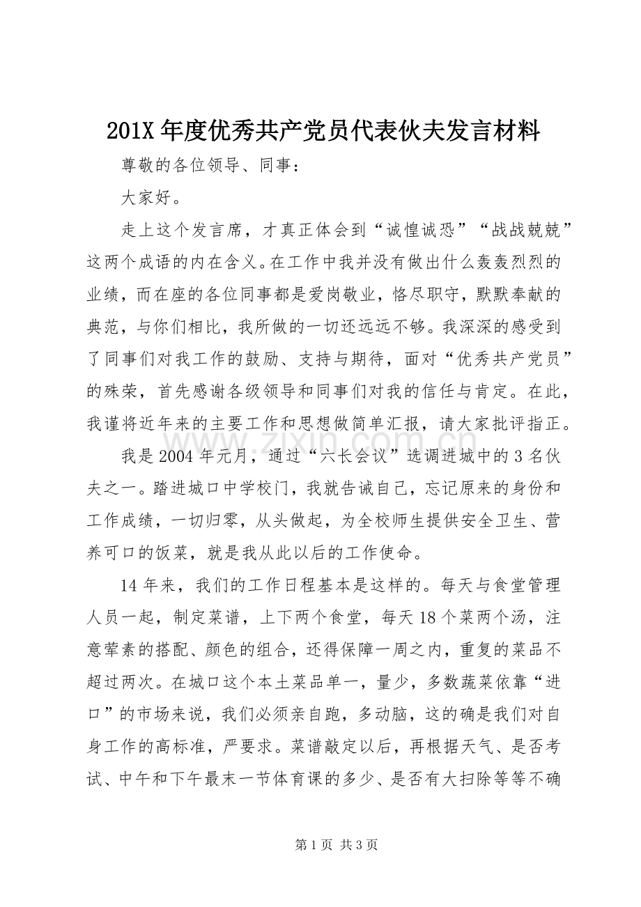 201X年度优秀共产党员代表伙夫发言材料致辞.docx_第1页