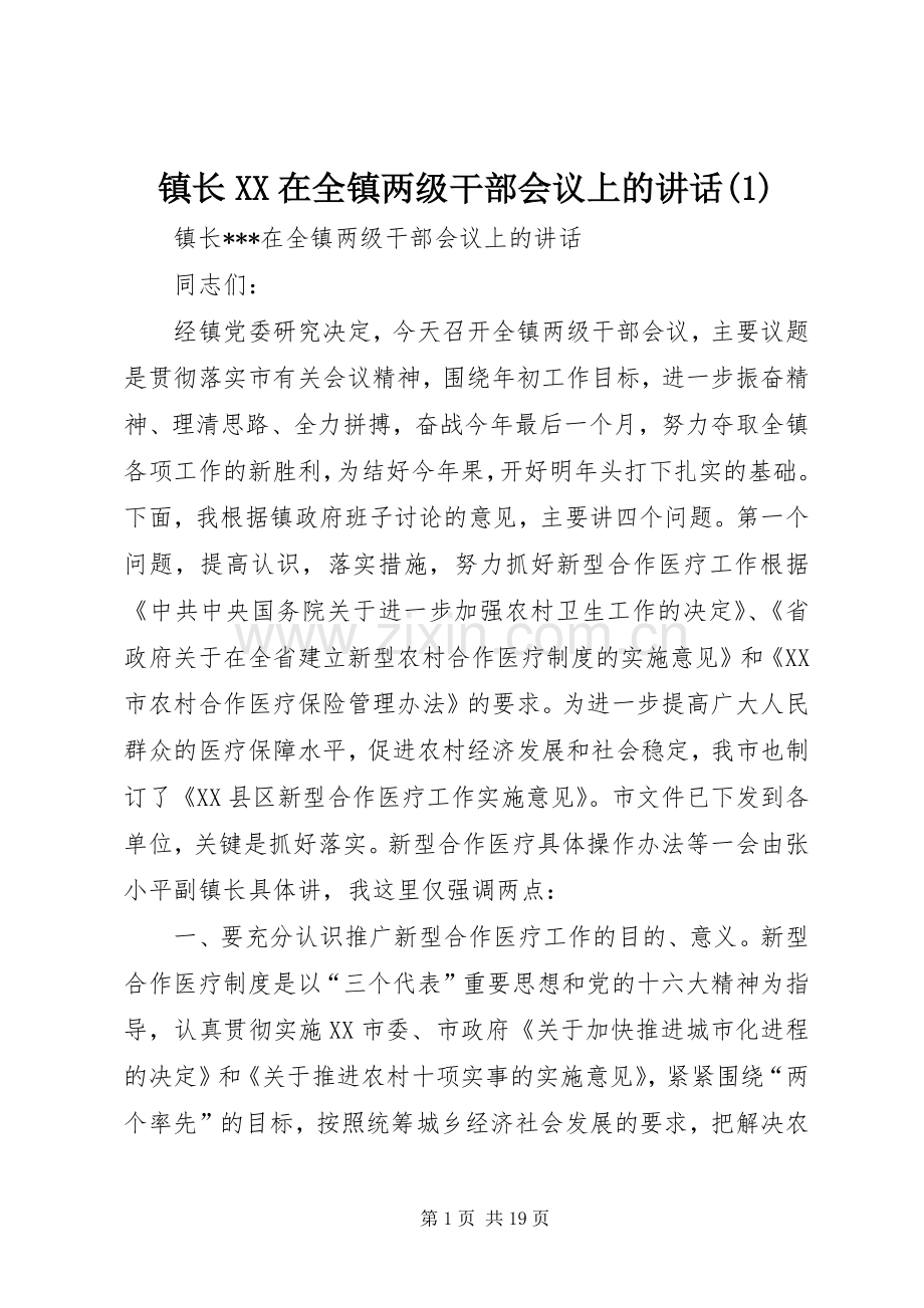 镇长XX在全镇两级干部会议上的讲话(1).docx_第1页