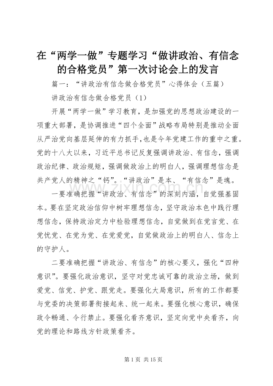 在“两学一做”专题学习“做讲政治、有信念的合格党员”第一次讨论会上的发言.docx_第1页