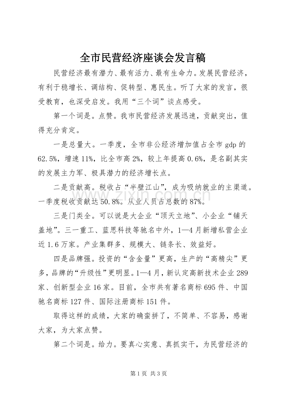 全市民营经济座谈会发言稿.docx_第1页