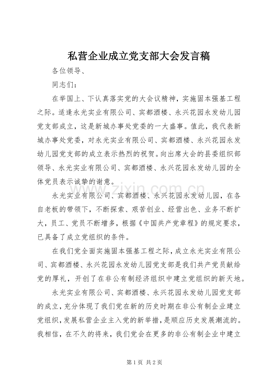 私营企业成立党支部大会发言.docx_第1页